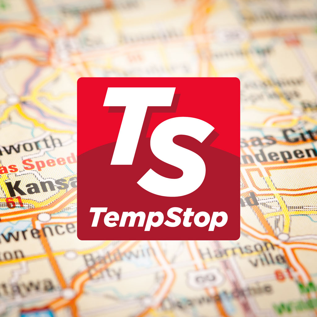 The Temp-Stop logo and a map of the Kansas City Metro.