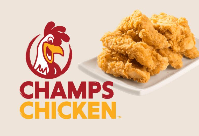 The Champs Chicken logo in front of chicken tenders on a plate.